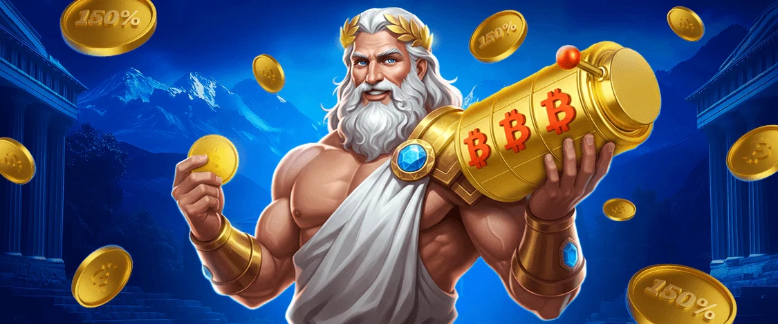 Banner zum 150 % Krypto-Startbonus mit Zeus