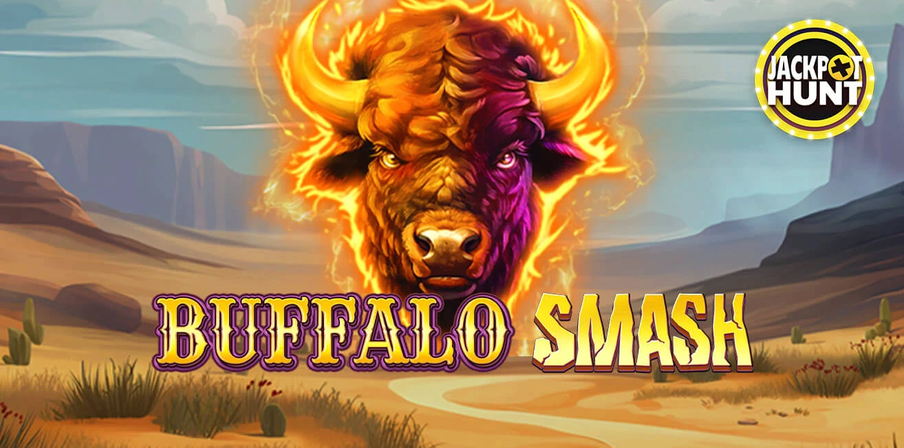 Banner för spelet Buffalo Smash med en buffel i öknen