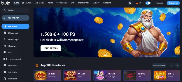 Twin Casino Lobby mit dem Willkommenspaket-Banner 1.500 € + 100 FS