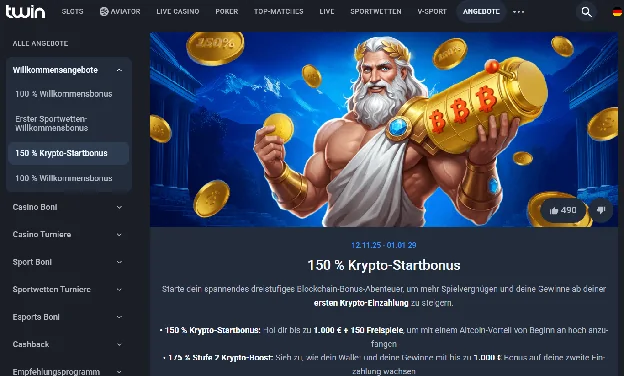 Aktionsseite von Twin mit dem 150 % Krypto-Startbonus