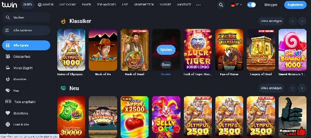 Spielelobby von Twin mit den Kategorien Klassiker und Neu