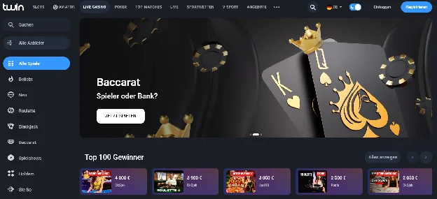 Live-Casino-Lobby von Twin mit Baccarat-Banner