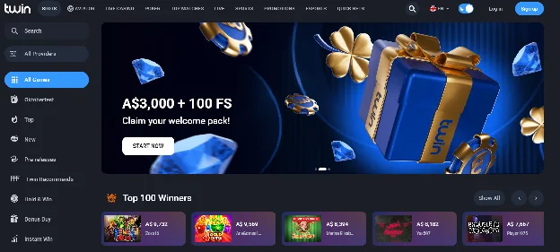 Twin Casino Australia lobby with the A$3,000 + 100 FS welcome banner