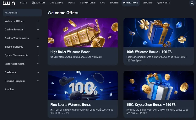 Twin welcome offers page with the High Roller, casino, sports and crypto bonuses