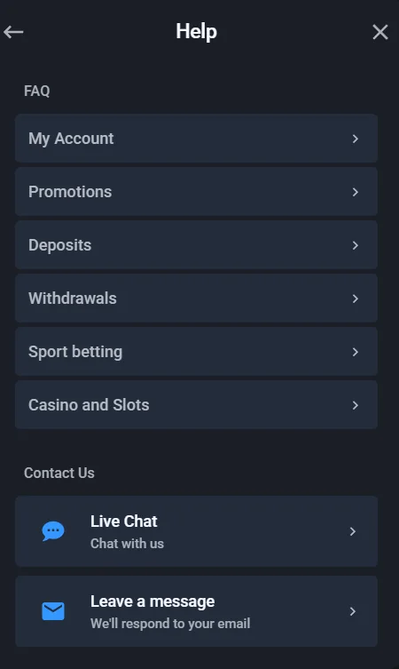 Twin help menu with FAQ topics and the Live Chat button
