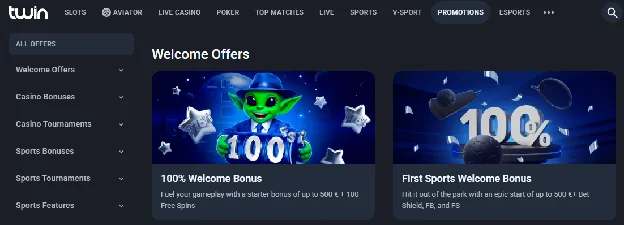 Twin promotions page with the 100% Welcome Bonus and First Sports Welcome Bonus cards