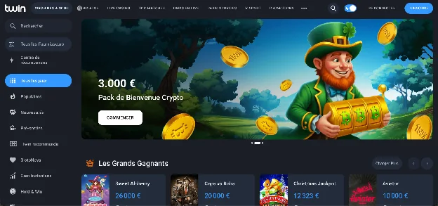 Lobby de Twin Casino avec la bannière du pack de bienvenue et Les Grands Gagnants