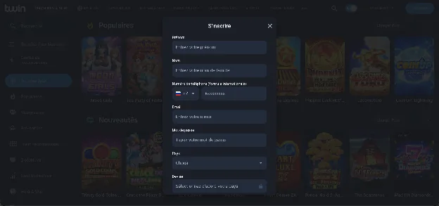Formulaire d’inscription Twin Casino avec téléphone, e-mail et mot de passe