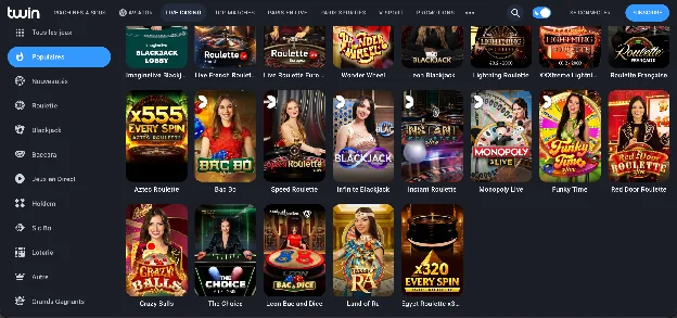 Lobby du casino en direct Twin avec roulettes, blackjack et game shows