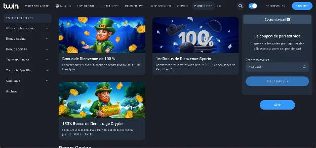 Page des offres de bienvenue Twin pour le casino, le sport et la crypto