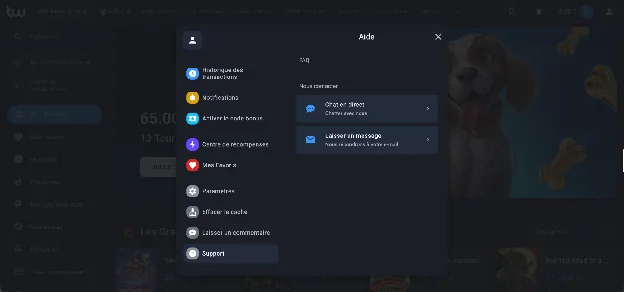 Menu d’aide Twin avec le chat en direct et l’envoi d’un message