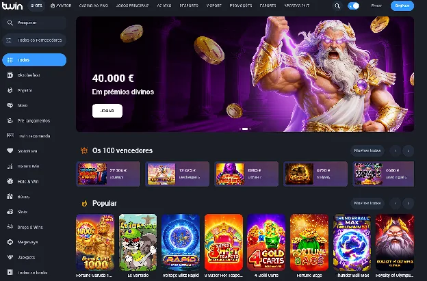 Lobby do Twin Casino com banner promocional e jogos em destaque