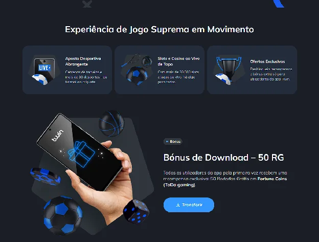 Página da app Twin Casino com o bónus de download de 50 Rodadas Grátis