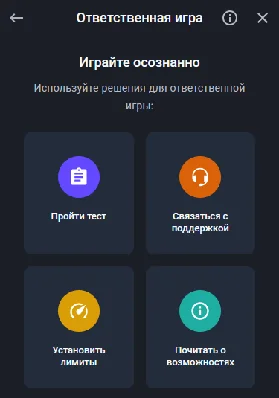 Меню ответственной игры Twin: тест, связь с поддержкой и установка лимитов