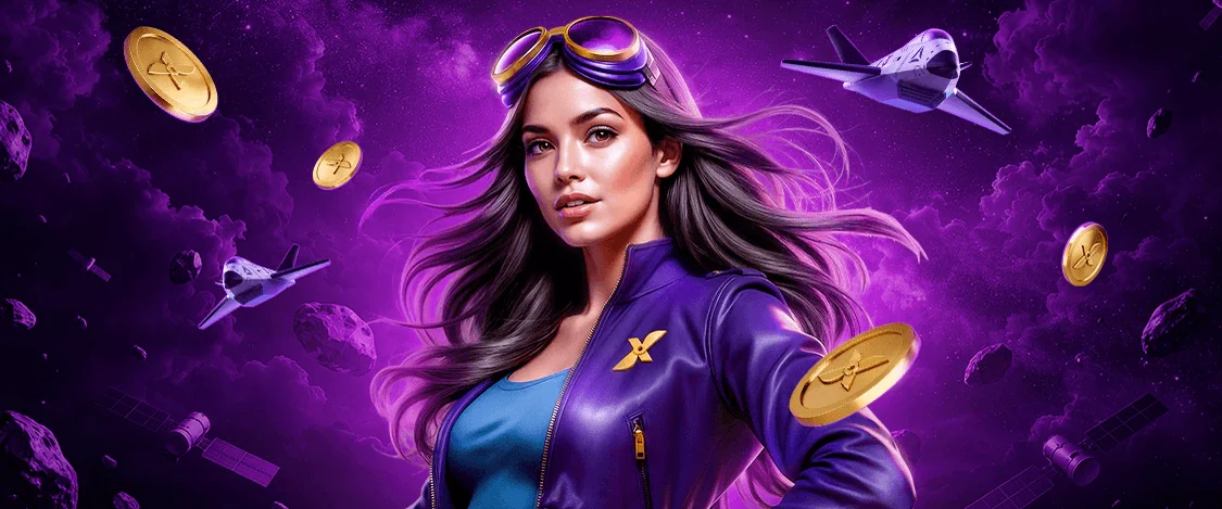 Pilot in a purple flight jacket with coins and planes around her