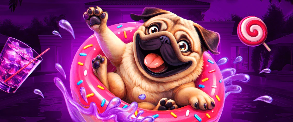 Happy pug riding a doughnut ring through a pink splash