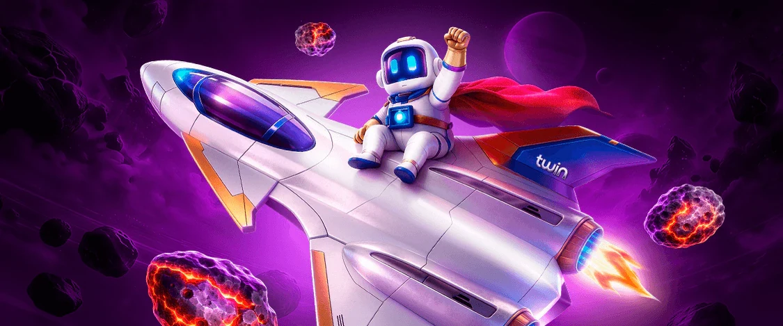 Astronaut flying a white Twin rocket past glowing crystals