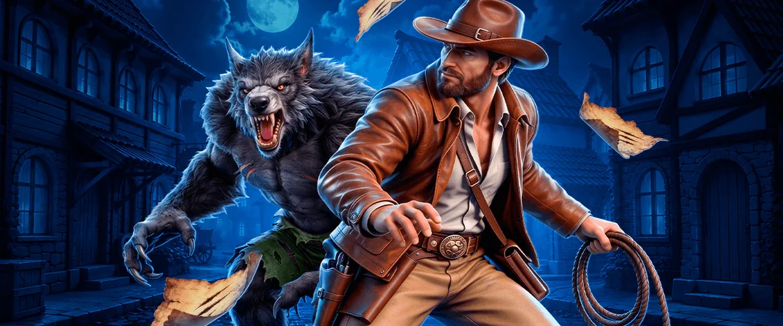 Werwolf und Abenteurer mit Peitsche in einer nächtlichen Gasse