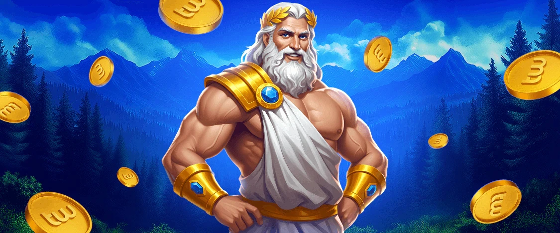 Zeus mit goldenen Münzen vor einer Berglandschaft