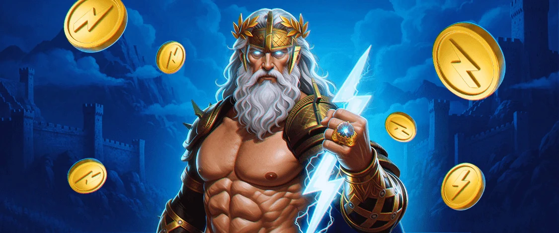 Zeus tenant un éclair au milieu de pièces Twin