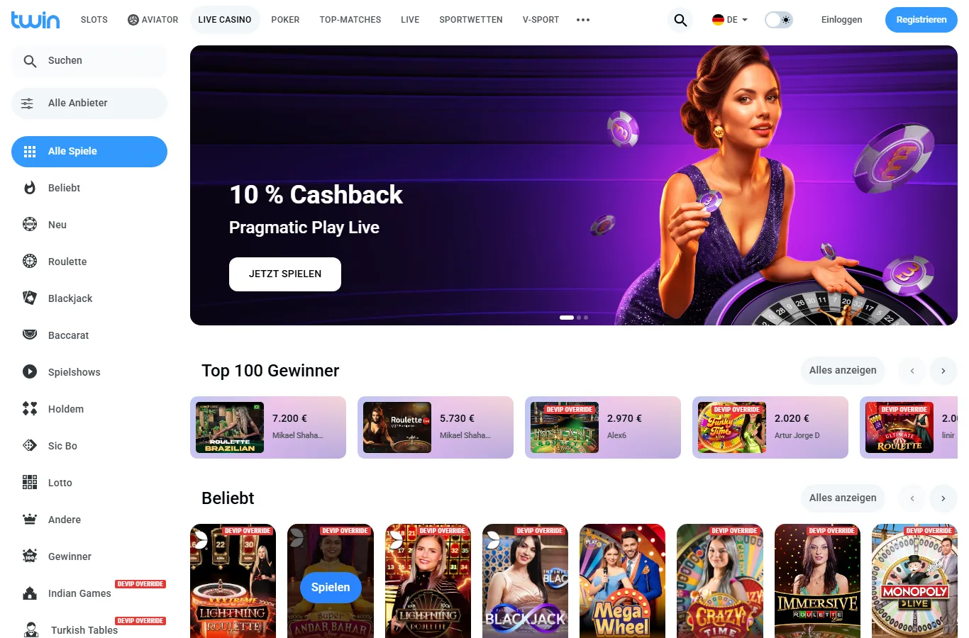 Live Casino Lobby von Twin mit Cashback-Banner und Live-Tischen