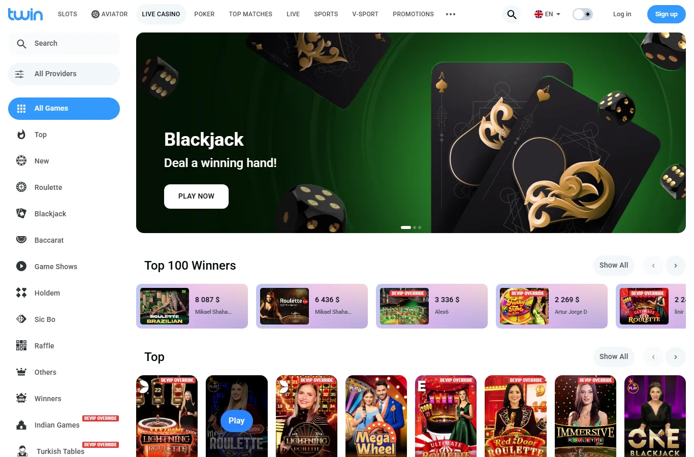 Twin Live Casino lobby with blackjack tables and live game shows