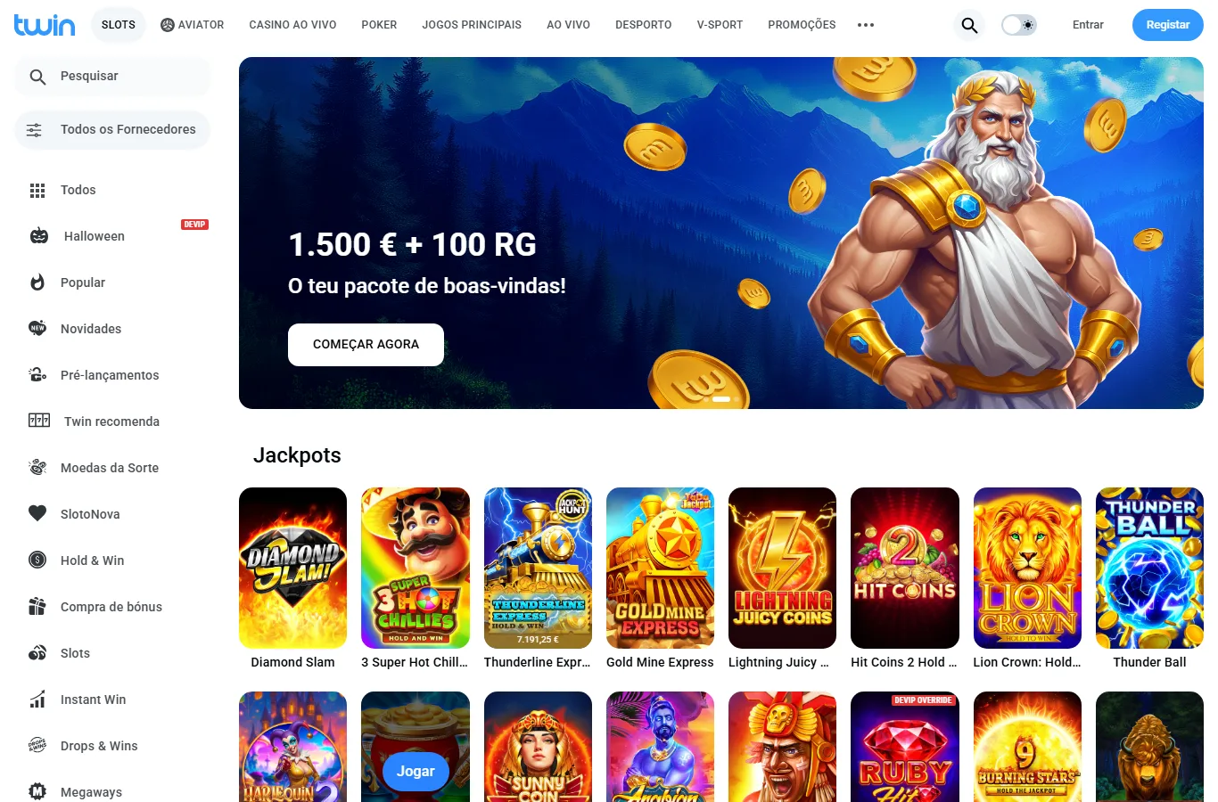 Secção Jackpots do lobby da Twin